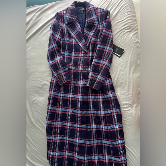 NWT Halogen Navy & Pink Long Plaid Coat | Halogen x Atlantic-Pacific - Picture 4 of 9